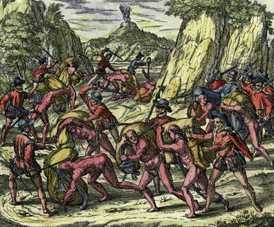 Spanish conquistadores attacking Inca workers